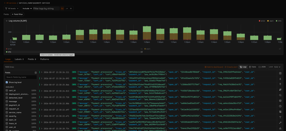 xScaler log viewer showing live structured log streams